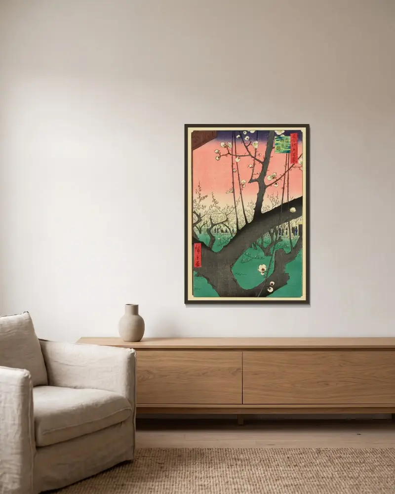 Plum Garden, Kameido av Utagawa Hiroshige inramad på en vägg