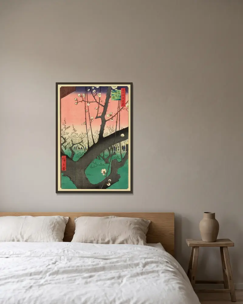 Plum Garden, Kameido av Utagawa Hiroshige inramad på en vägg