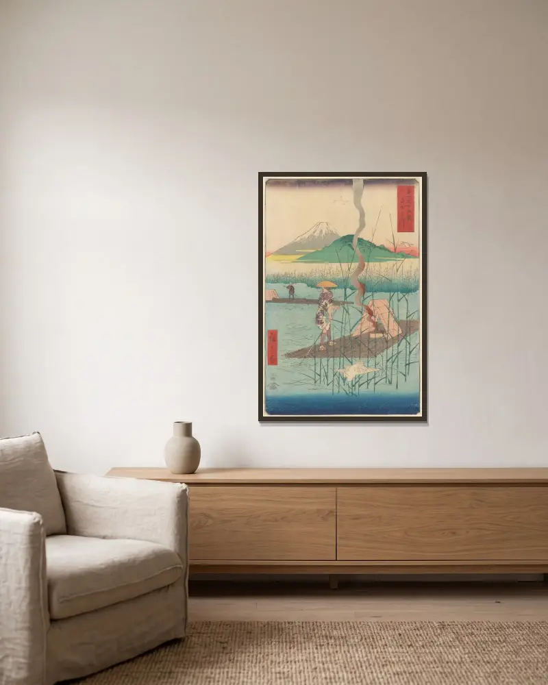 Shoshiyu, Floß im Schilf von Utagawa Hiroshige gerahmt an einer Wand