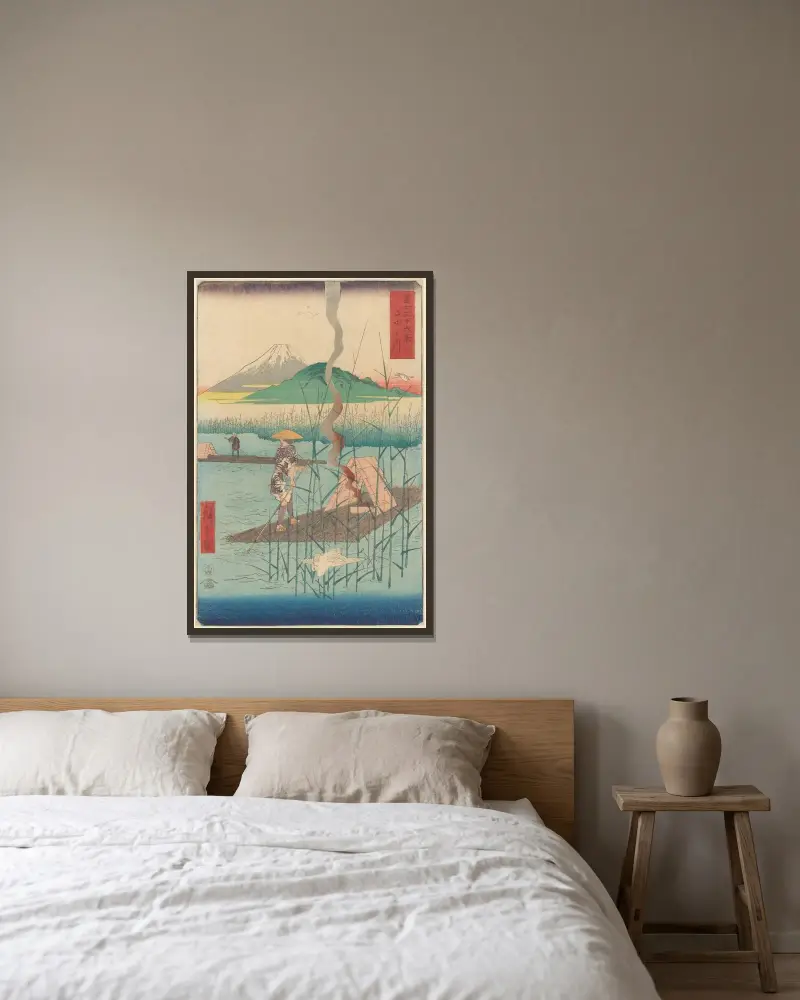 Shoshiyu, Floß im Schilf von Utagawa Hiroshige gerahmt an einer Wand