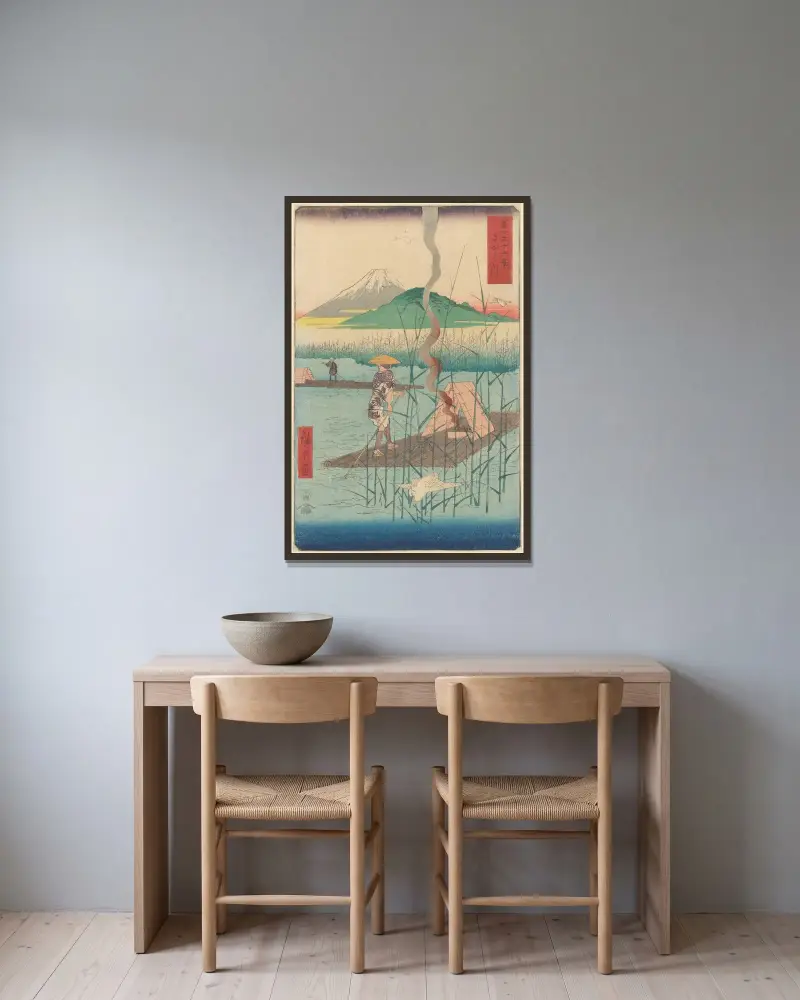 Shoshiyu, Floß im Schilf von Utagawa Hiroshige gerahmt an einer Wand