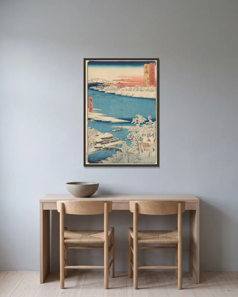 Snow Scene, Islet, River, Shore av Utagawa Hiroshige inramad på en vägg