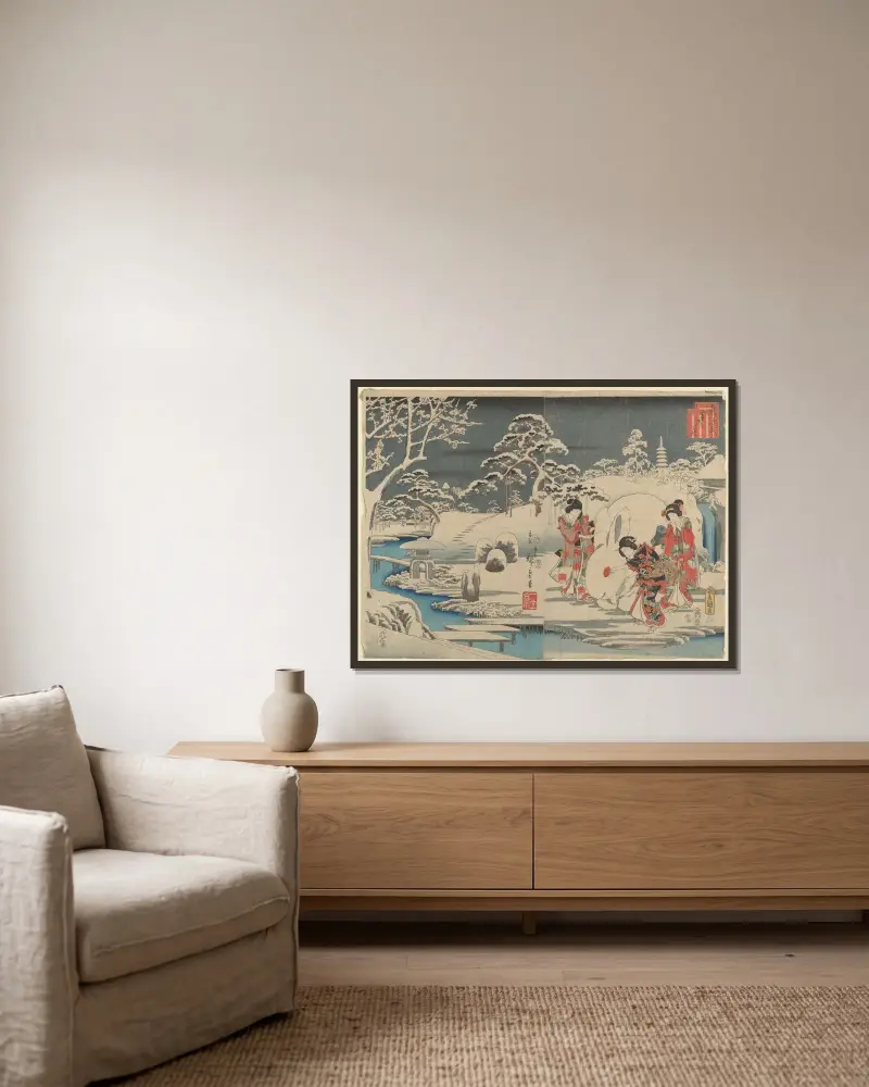 Three Women Making a Snow Rabbit in a Garden, Utagawa Hiroshige v rámu na stěně