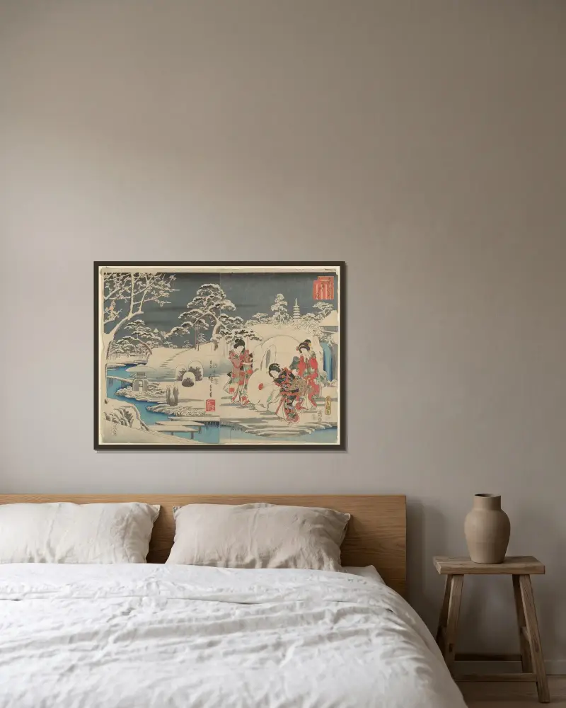 Three Women Making a Snow Rabbit in a Garden, Utagawa Hiroshige v rámu na stěně