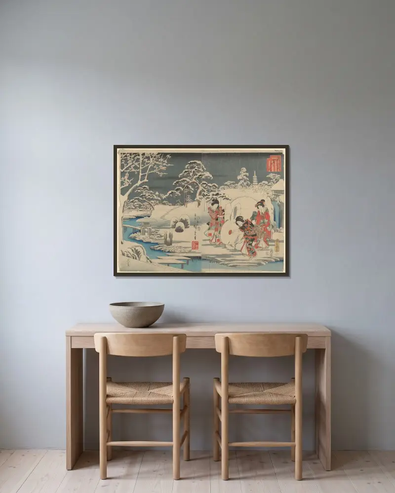 Three Women Making a Snow Rabbit in a Garden, Utagawa Hiroshige v rámu na stěně