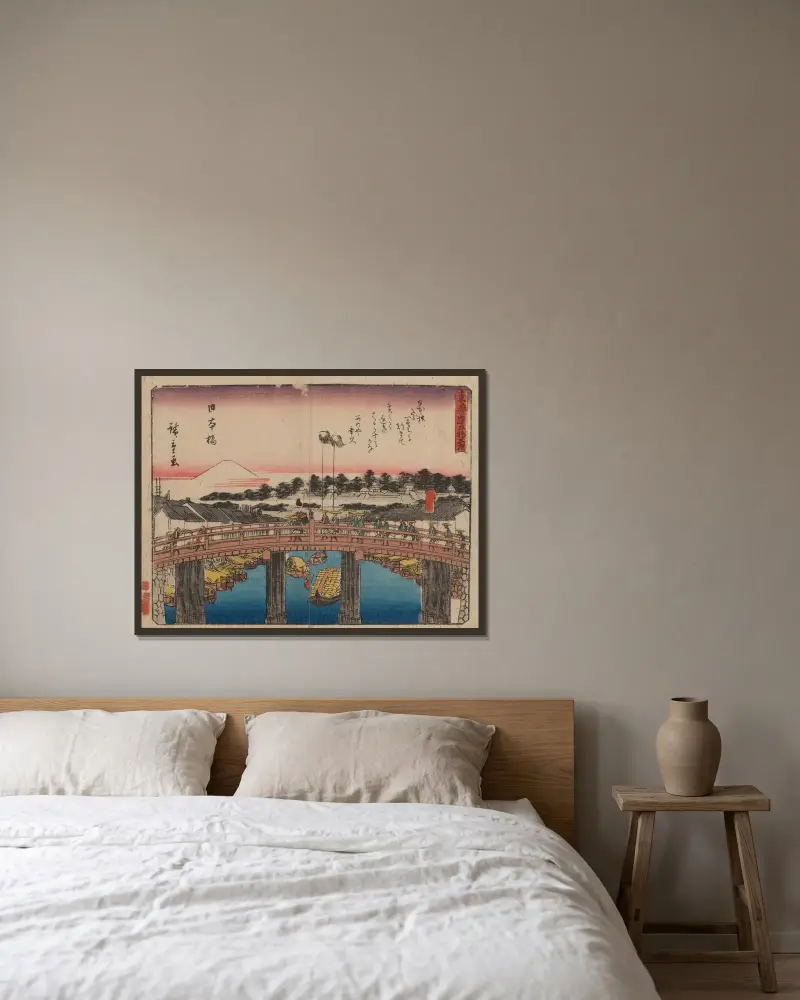 Die dreiundfünfzig Stationen des Tōkaidō, Taf. 01 von Utagawa Hiroshige gerahmt an einer Wand