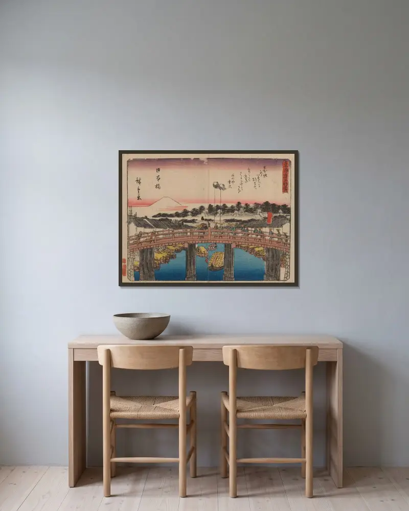 Die dreiundfünfzig Stationen des Tōkaidō, Taf. 01 von Utagawa Hiroshige gerahmt an einer Wand