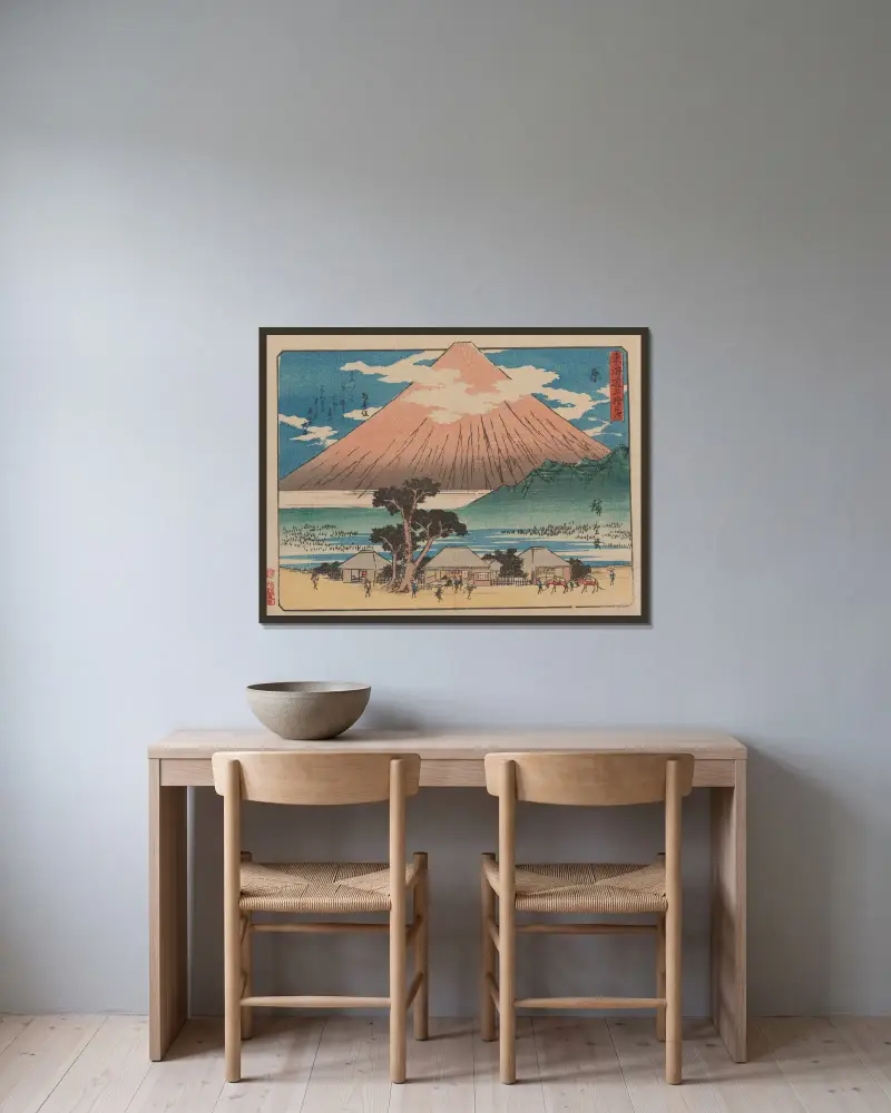 Femtiotre stationerna längs Tōkaidō, pl. 14 av Utagawa Hiroshige inramad på en vägg