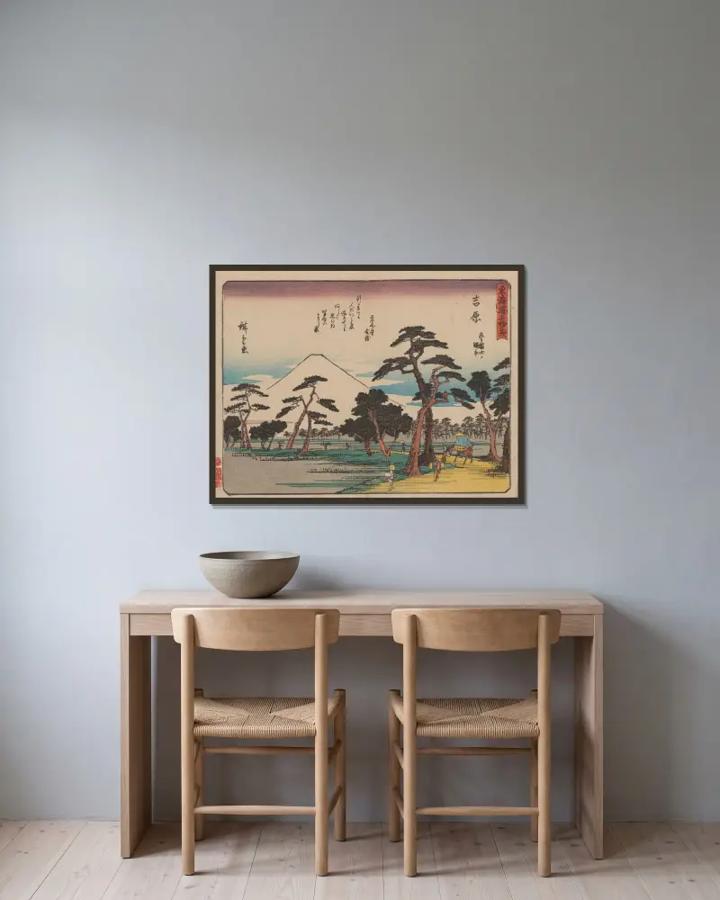 Femtiotre stationer på Tōkaidō, pl. 15 av Utagawa Hiroshige inramad på en vägg