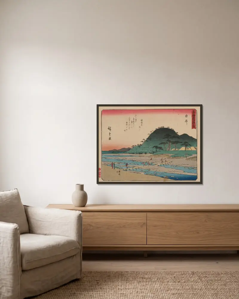 De femtiotre stationerna på Tōkaidō, plansch 17 av Utagawa Hiroshige inramad på en vägg