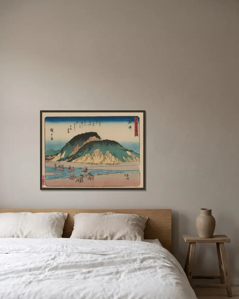 De femtiotre stationerna på Tōkaidō, plansch 18 av Utagawa Hiroshige inramad på en vägg