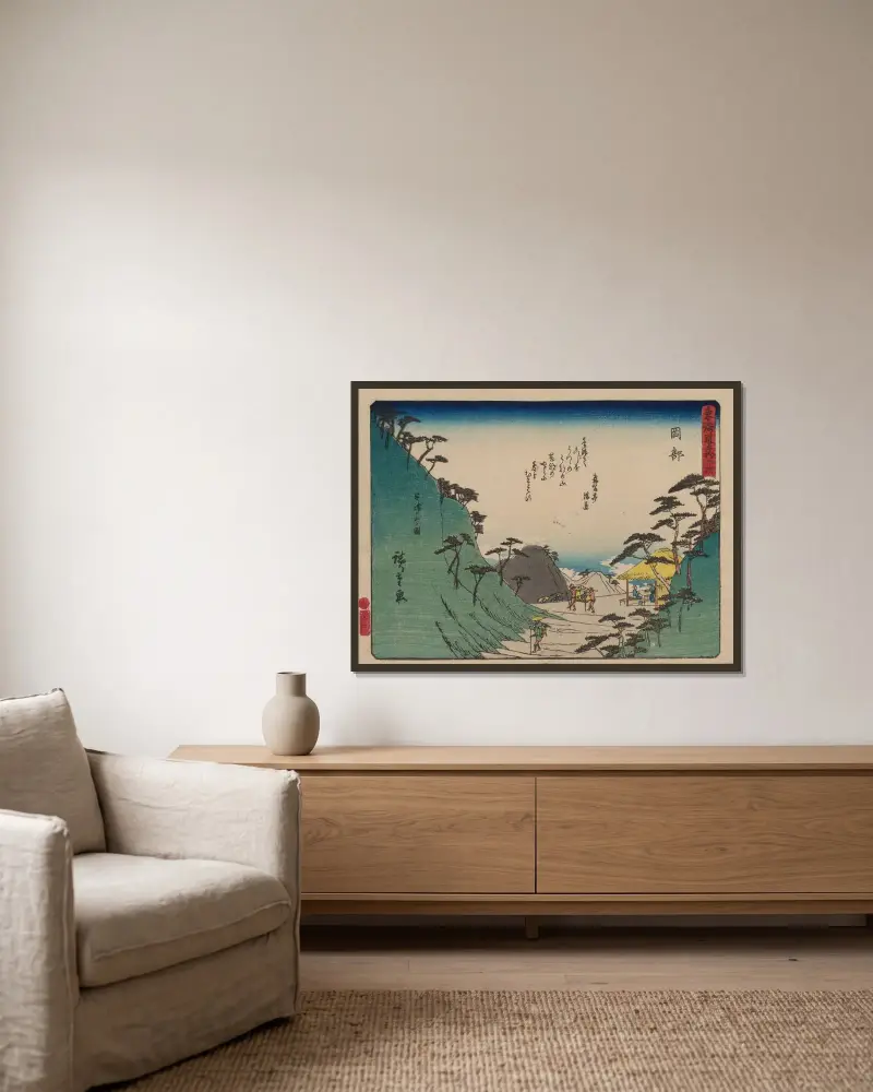 De femtiotre stationerna på Tōkaidō, plansch 22 av Utagawa Hiroshige inramad på en vägg
