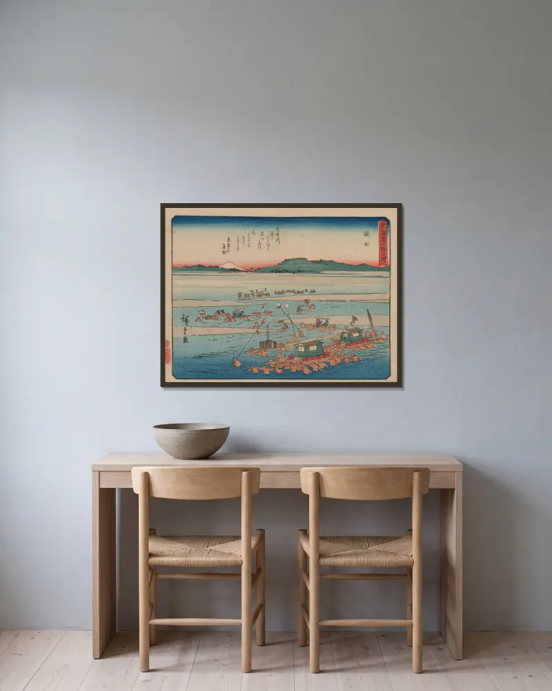Die dreiundfünfzig Stationen des Tōkaidō, Taf. 24 von Utagawa Hiroshige gerahmt an einer Wand