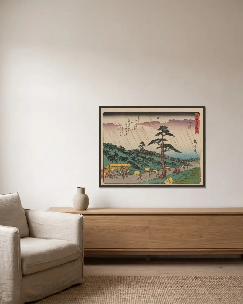 De femtiotre stationerna på Tōkaidō, plansch 34 av Utagawa Hiroshige inramad på en vägg