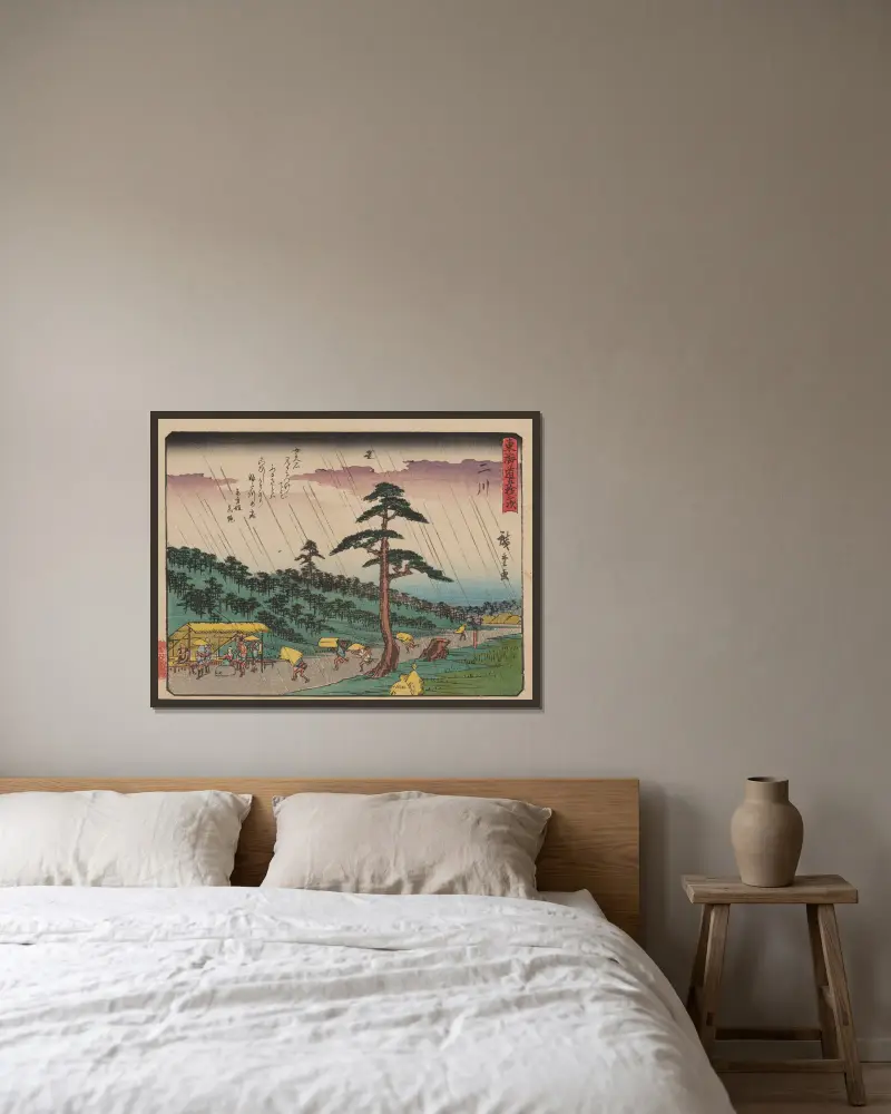 De femtiotre stationerna på Tōkaidō, plansch 34 av Utagawa Hiroshige inramad på en vägg