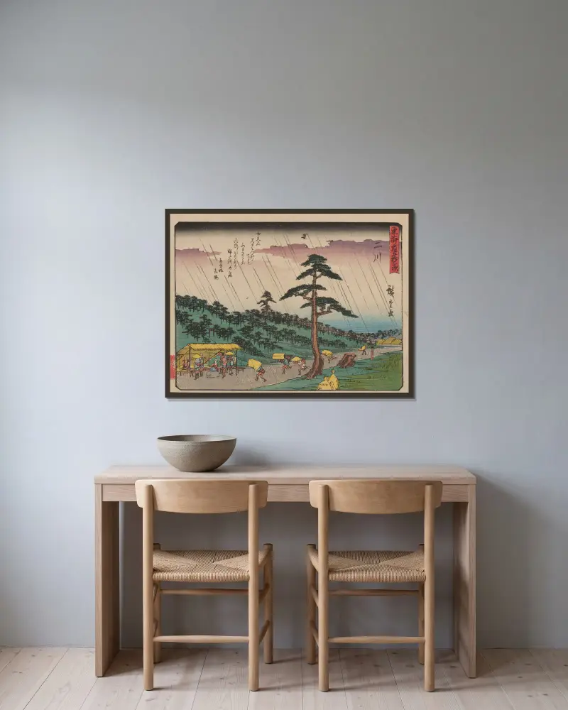 De femtiotre stationerna på Tōkaidō, plansch 34 av Utagawa Hiroshige inramad på en vägg