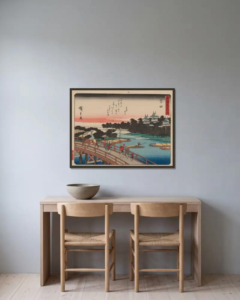 De femtiotre stationerna på Tōkaidō, plansch 35 av Utagawa Hiroshige inramad på en vägg