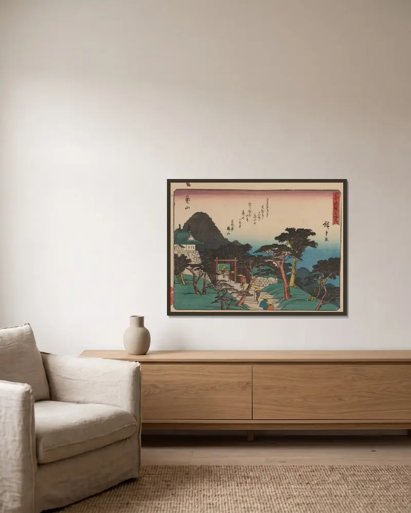 De femtiotre stationerna på Tōkaidō, plansch 47 av Utagawa Hiroshige inramad på en vägg