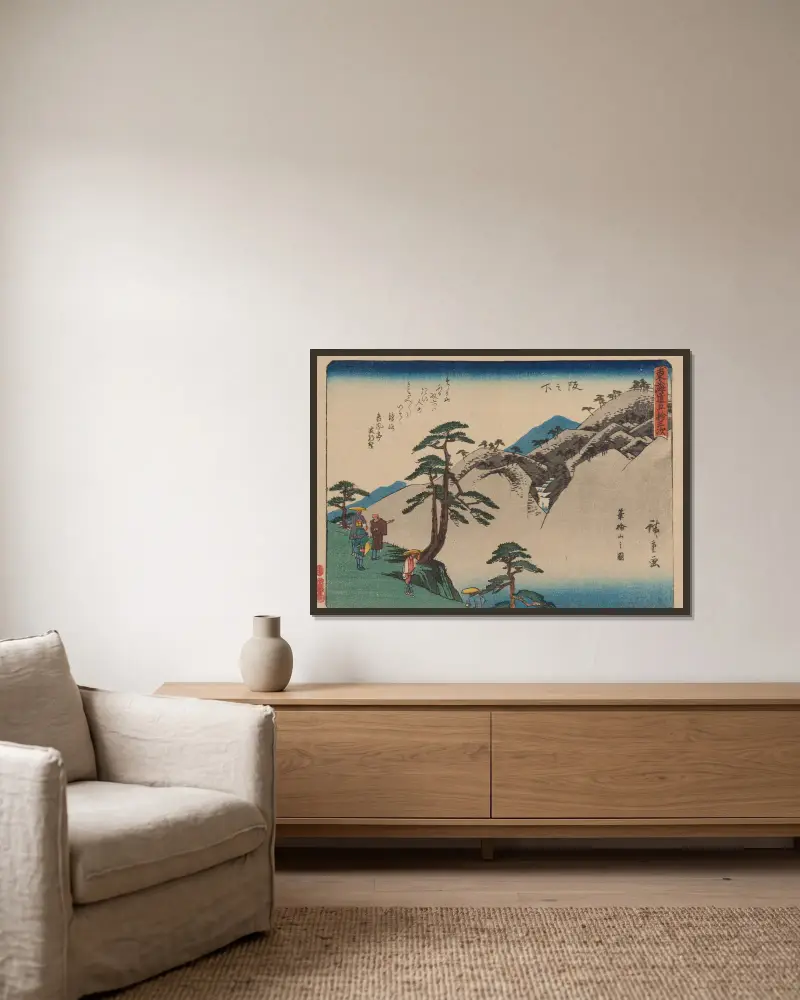Die 53 Stationen des Tōkaidō, Tafel 49 von Utagawa Hiroshige gerahmt an einer Wand