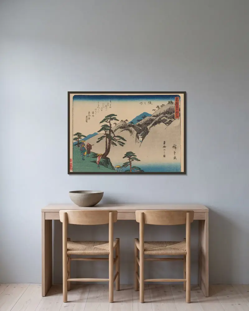 Die 53 Stationen des Tōkaidō, Tafel 49 von Utagawa Hiroshige gerahmt an einer Wand