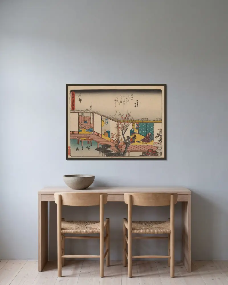 Femtiotre stationer på Tōkaidō, plansch 52 av Utagawa Hiroshige inramad på en vägg