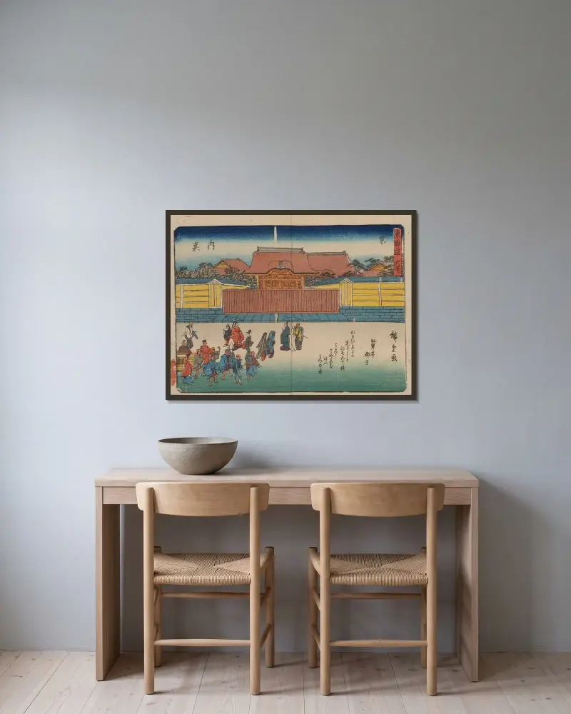 Femtiotre stationer på Tōkaidō, plansch 56 av Utagawa Hiroshige inramad på en vägg