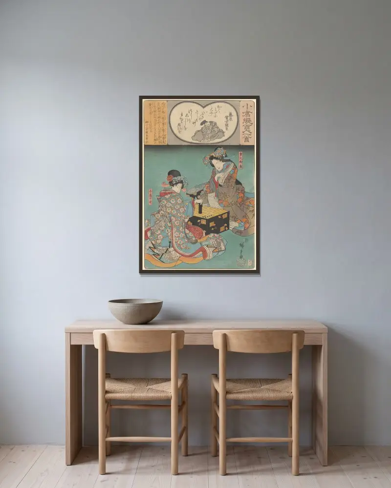 Two Women Playing a Game av Utagawa Hiroshige inramad på en vägg