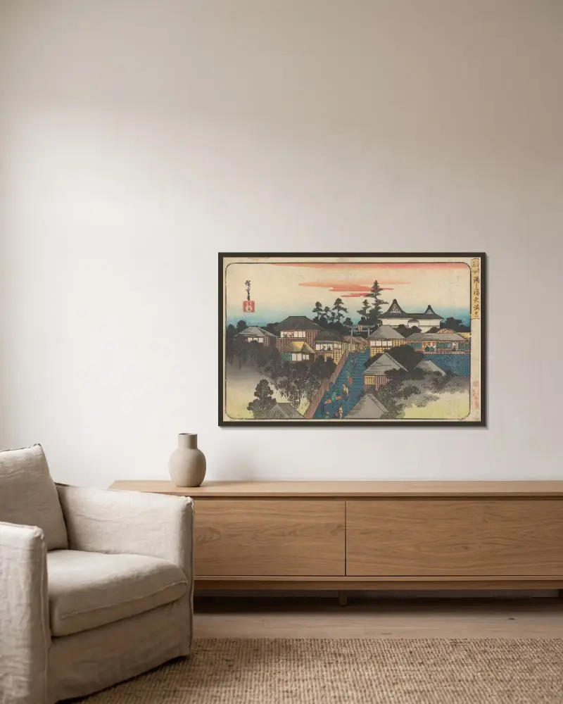 Ushima-helgedomen i Hongo-distriktet av Utagawa Hiroshige inramad på en vägg