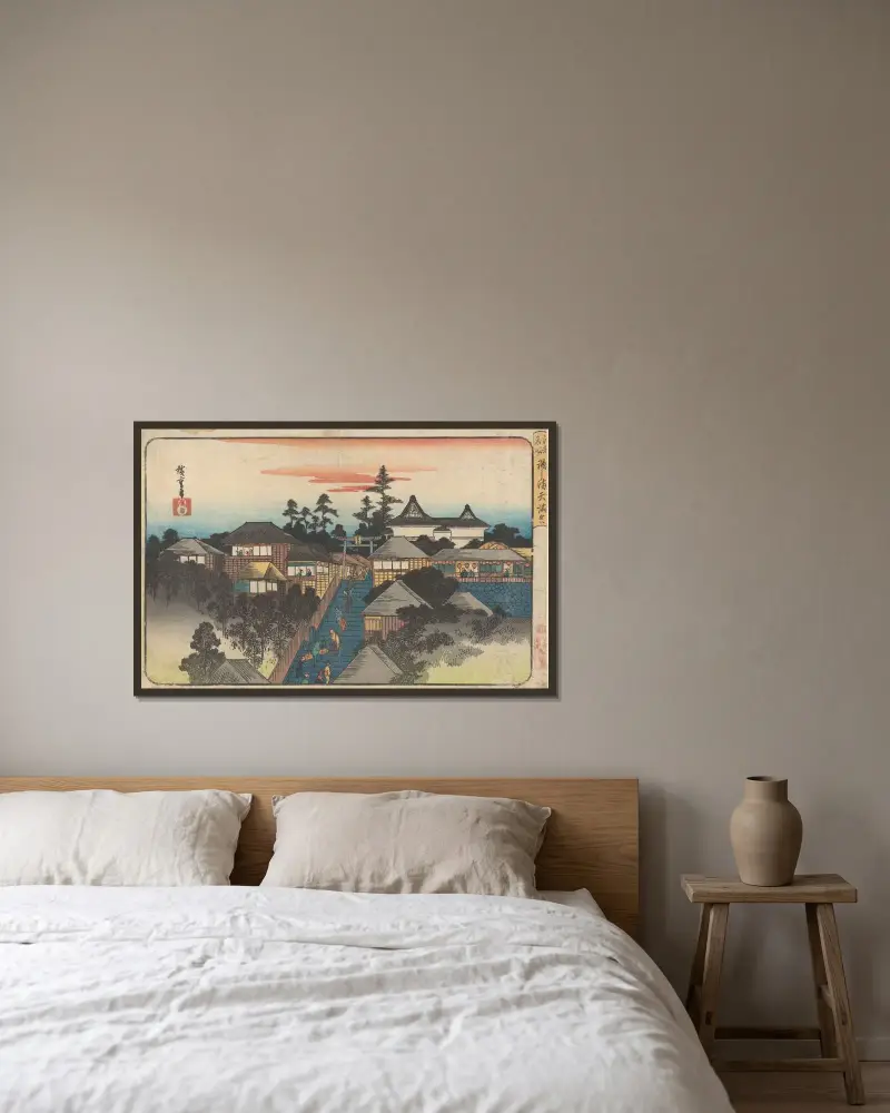 Ushima-helgedomen i Hongo-distriktet av Utagawa Hiroshige inramad på en vägg