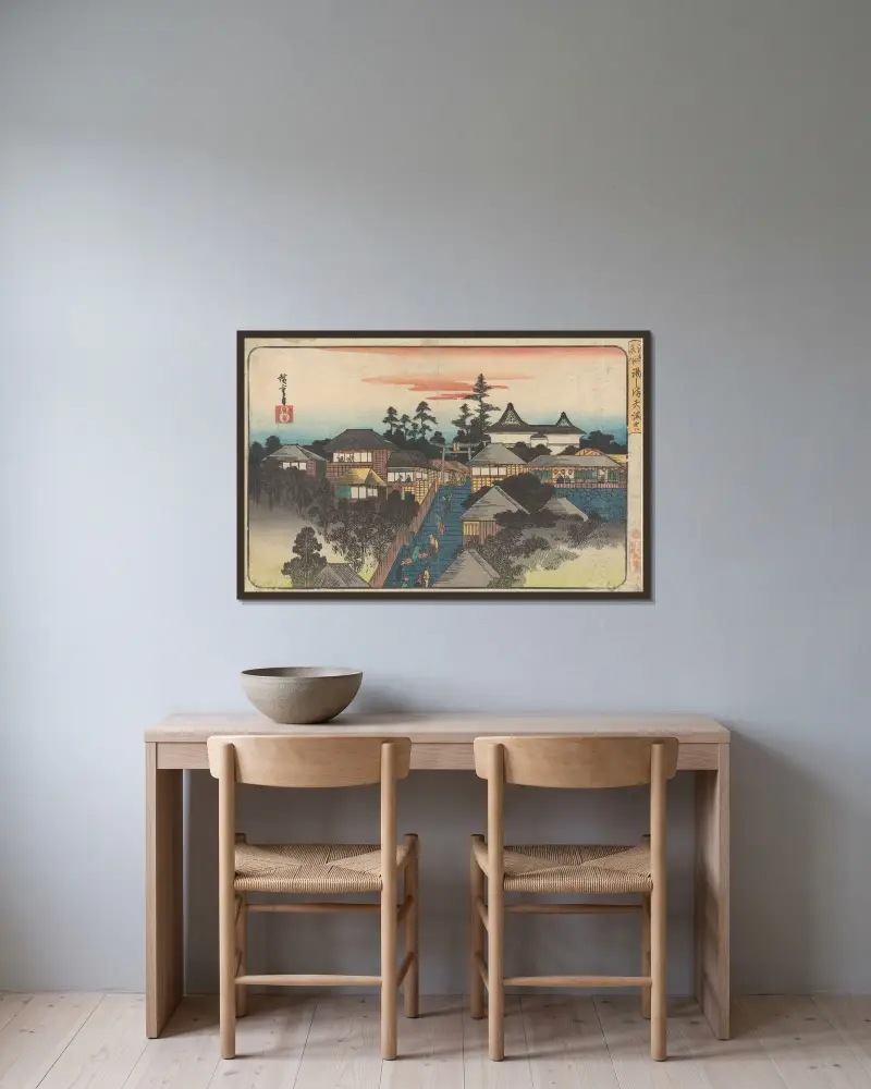 Ushima-helgedomen i Hongo-distriktet av Utagawa Hiroshige inramad på en vägg