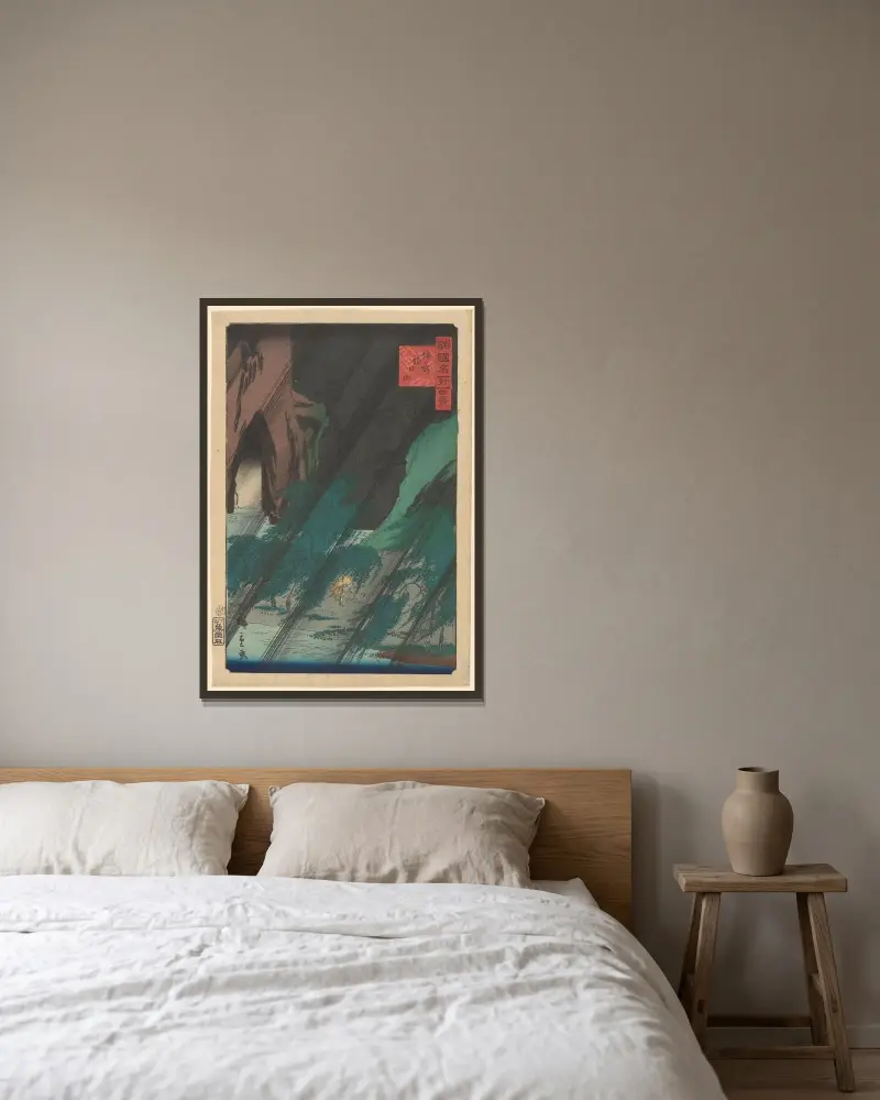 Pohled v dešti, Utagawa Hiroshige v rámu na stěně