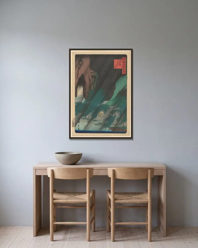 Pohled v dešti, Utagawa Hiroshige v rámu na stěně
