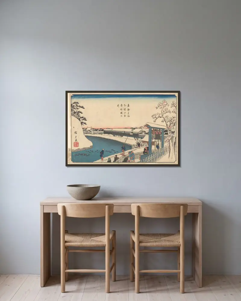 Well, Trees, Houses, People, Ducks on River av Utagawa Hiroshige inramad på en vägg