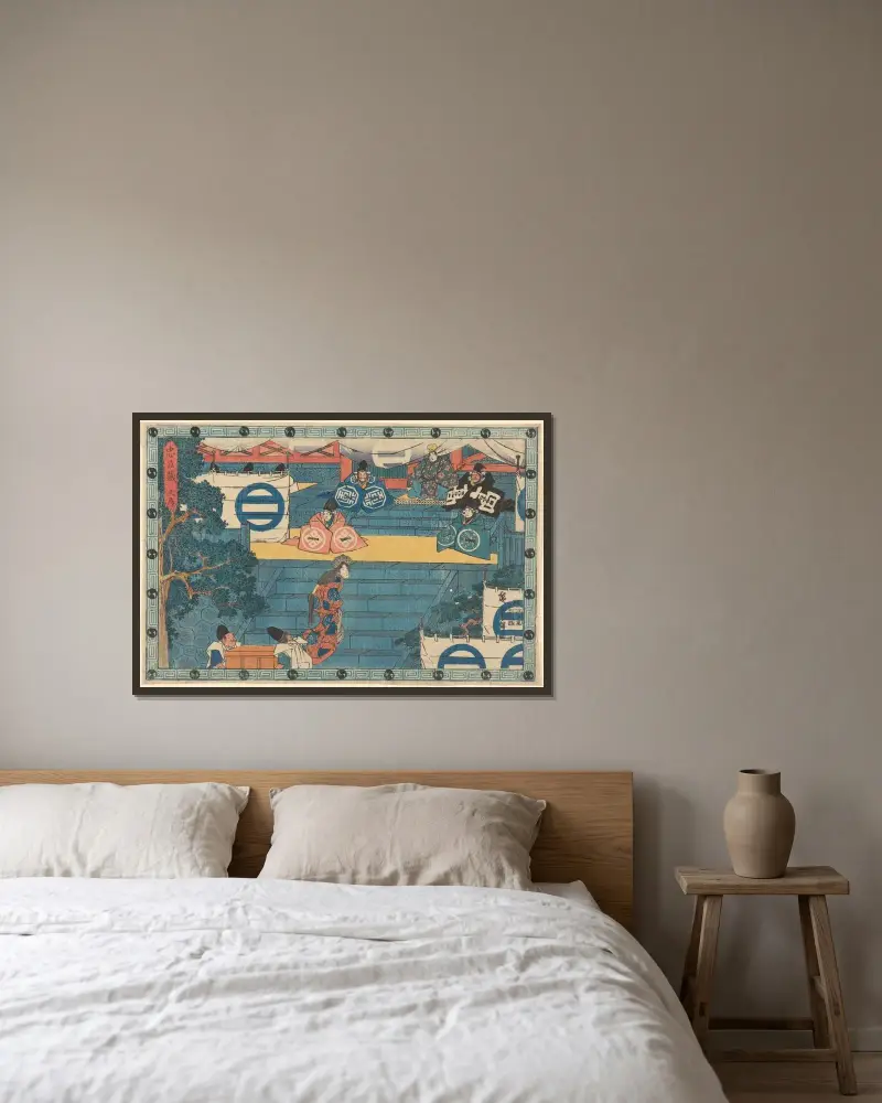 Kvinna och skattbärare (Kaoya och skattbärare med en kista full av hjälmar) av Utagawa Hiroshige inramad på en vägg