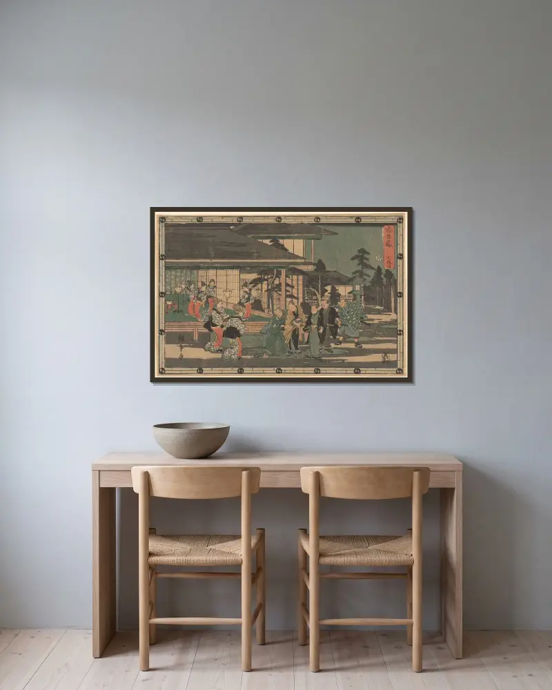 Yoshiwara (Five Ronin, Six Women) – nr 1 av Utagawa Hiroshige inramad på en vägg