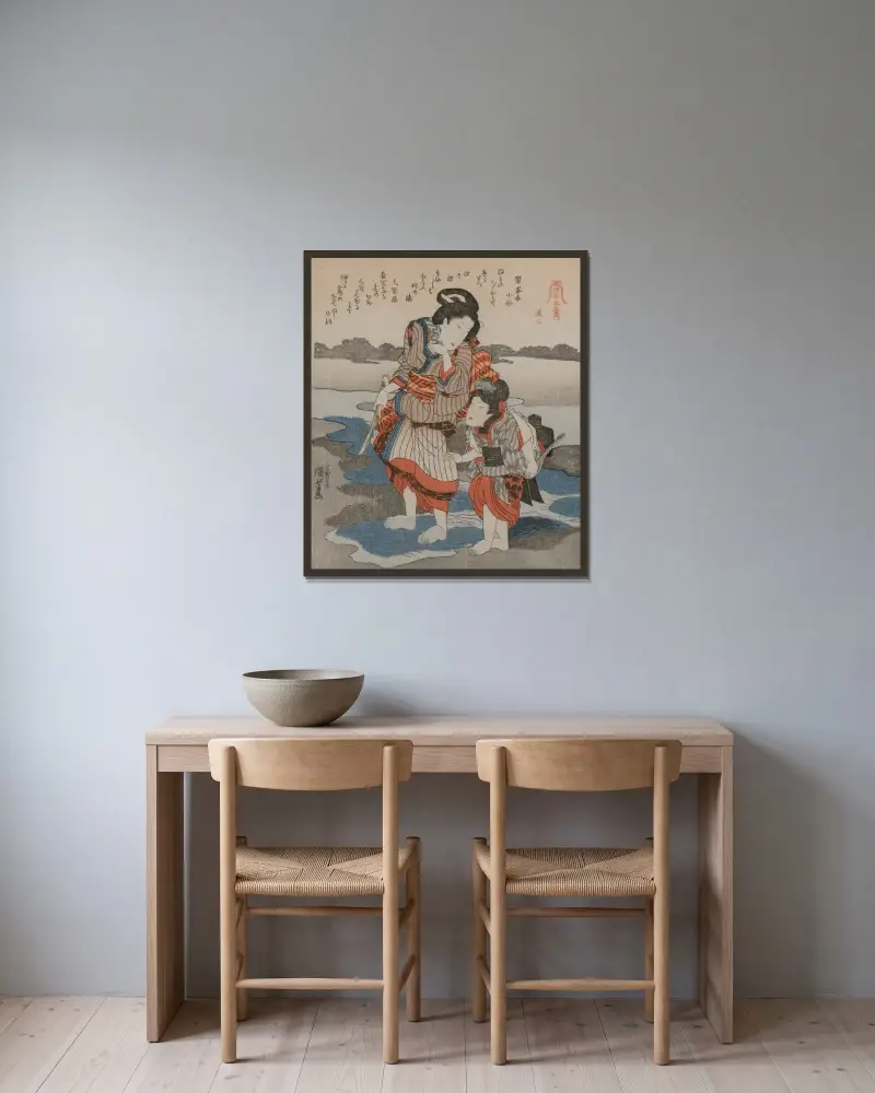 Lågvatten, pentaptyk, plansch 3 av Utagawa Kuniyoshi inramad på en vägg