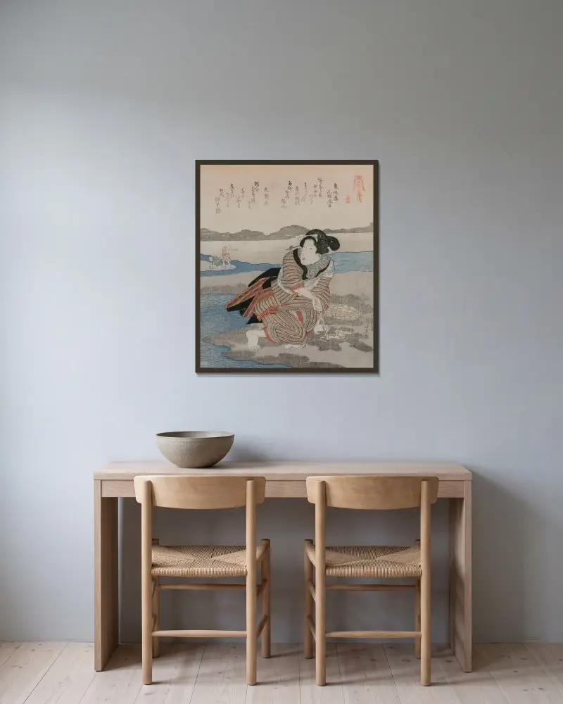 Niedrigwasser, Pentaptychon Taf. 4 von Utagawa Kuniyoshi gerahmt an einer Wand