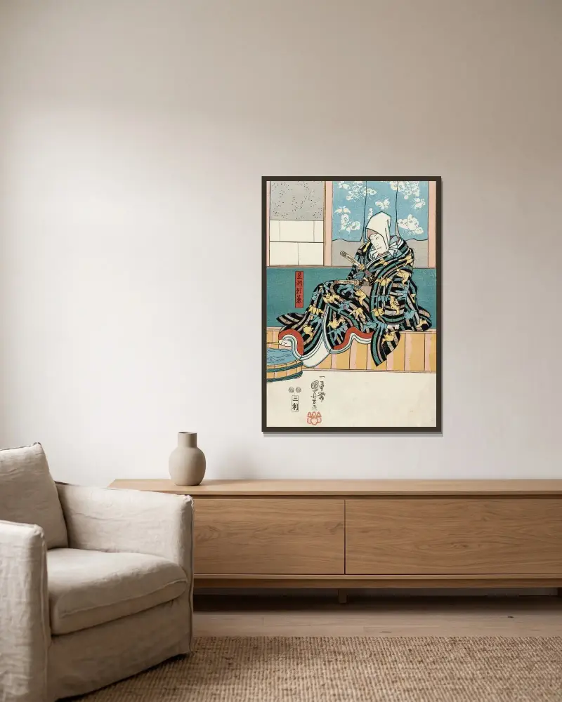 Skådespelare i rollen som Ashikaga Yorikane i Date kurabe okuni kabuki av Utagawa Kuniyoshi inramad på en vägg