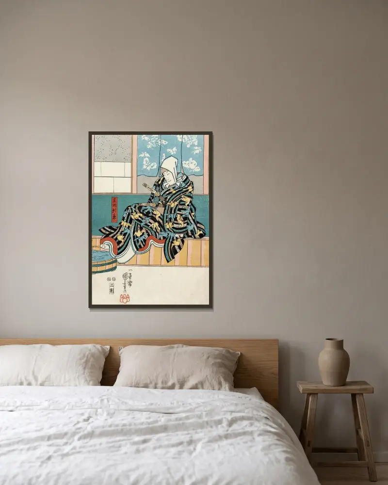 Skådespelare i rollen som Ashikaga Yorikane i Date kurabe okuni kabuki av Utagawa Kuniyoshi inramad på en vägg