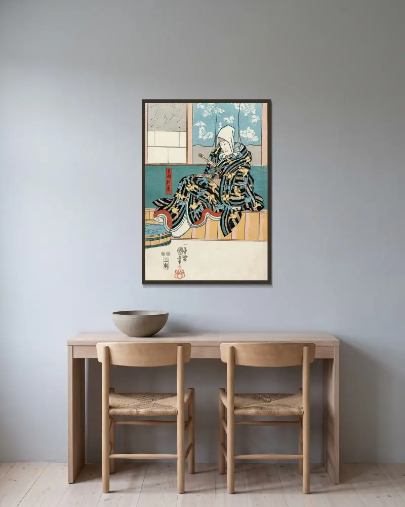 Skådespelare i rollen som Ashikaga Yorikane i Date kurabe okuni kabuki av Utagawa Kuniyoshi inramad på en vägg