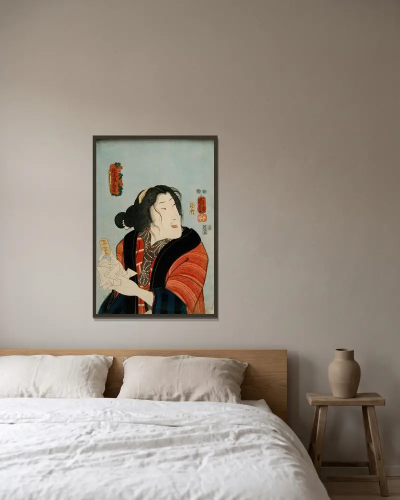 Bandō Shūka som Hashimotoya Shiraito av Utagawa Kuniyoshi inramad på en vägg