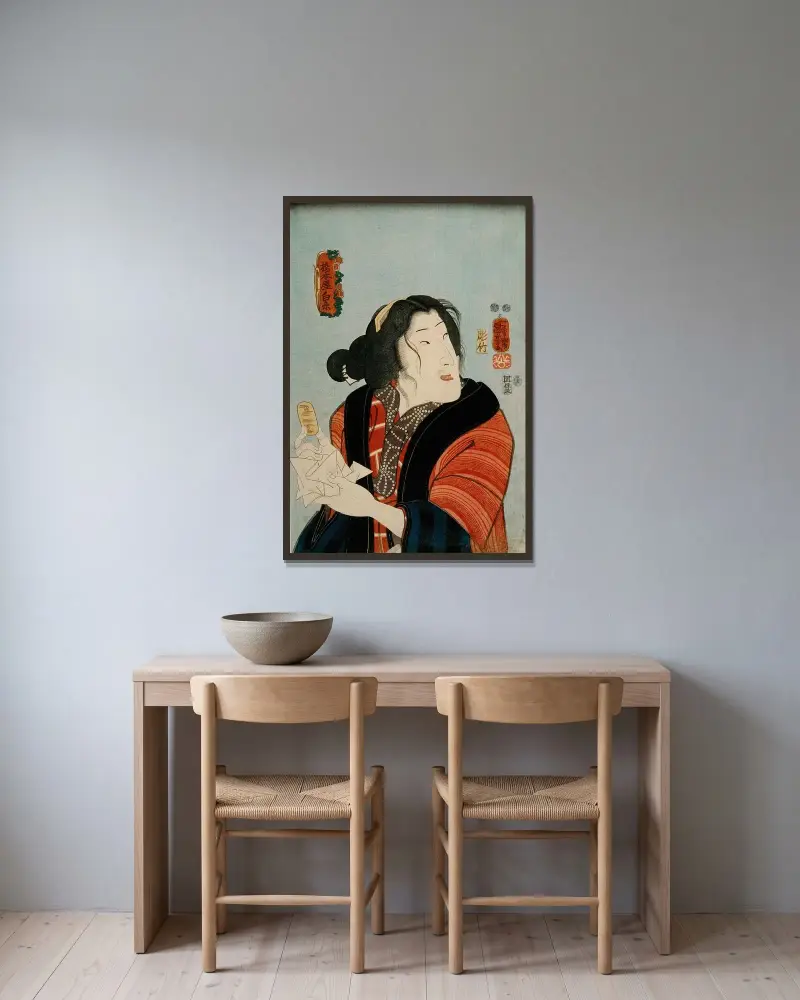 Bandō Shūka som Hashimotoya Shiraito av Utagawa Kuniyoshi inramad på en vägg