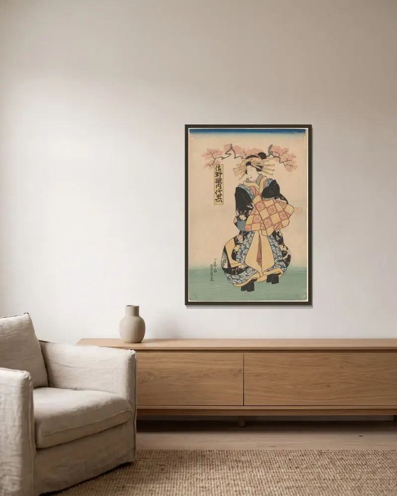 Kvinnlig figur, hår uppsatt med gula nålar, platåskor av Utagawa Kuniyoshi inramad på en vägg