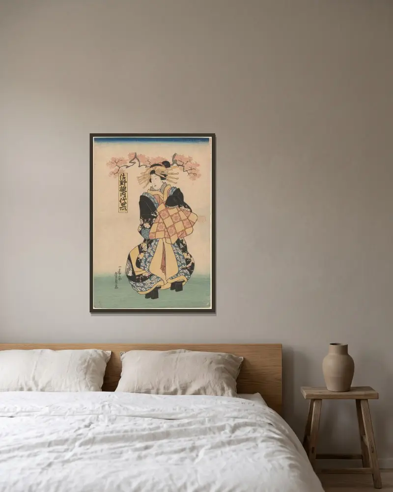 Kvinnlig figur, hår uppsatt med gula nålar, platåskor av Utagawa Kuniyoshi inramad på en vägg