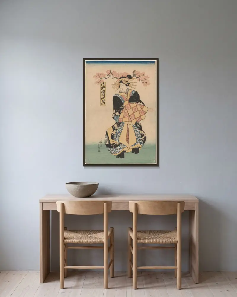Kvinnlig figur, hår uppsatt med gula nålar, platåskor av Utagawa Kuniyoshi inramad på en vägg