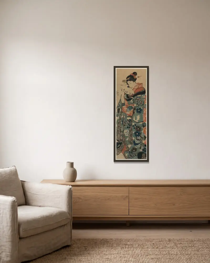 Tochter beim Brieflesen von Utagawa Kuniyoshi gerahmt an einer Wand