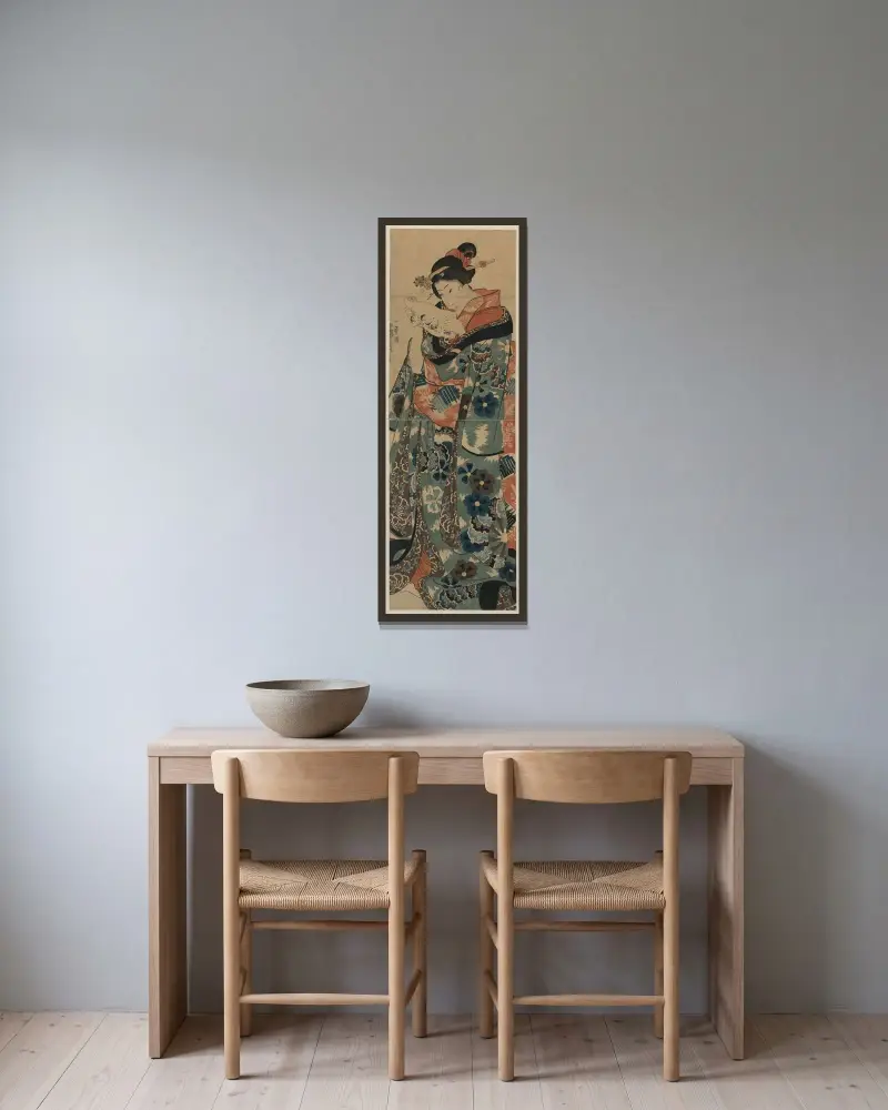 Tochter beim Brieflesen von Utagawa Kuniyoshi gerahmt an einer Wand