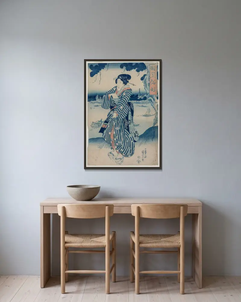 Geisha am Ufer des Sumida-Flusses von Utagawa Kuniyoshi gerahmt an einer Wand