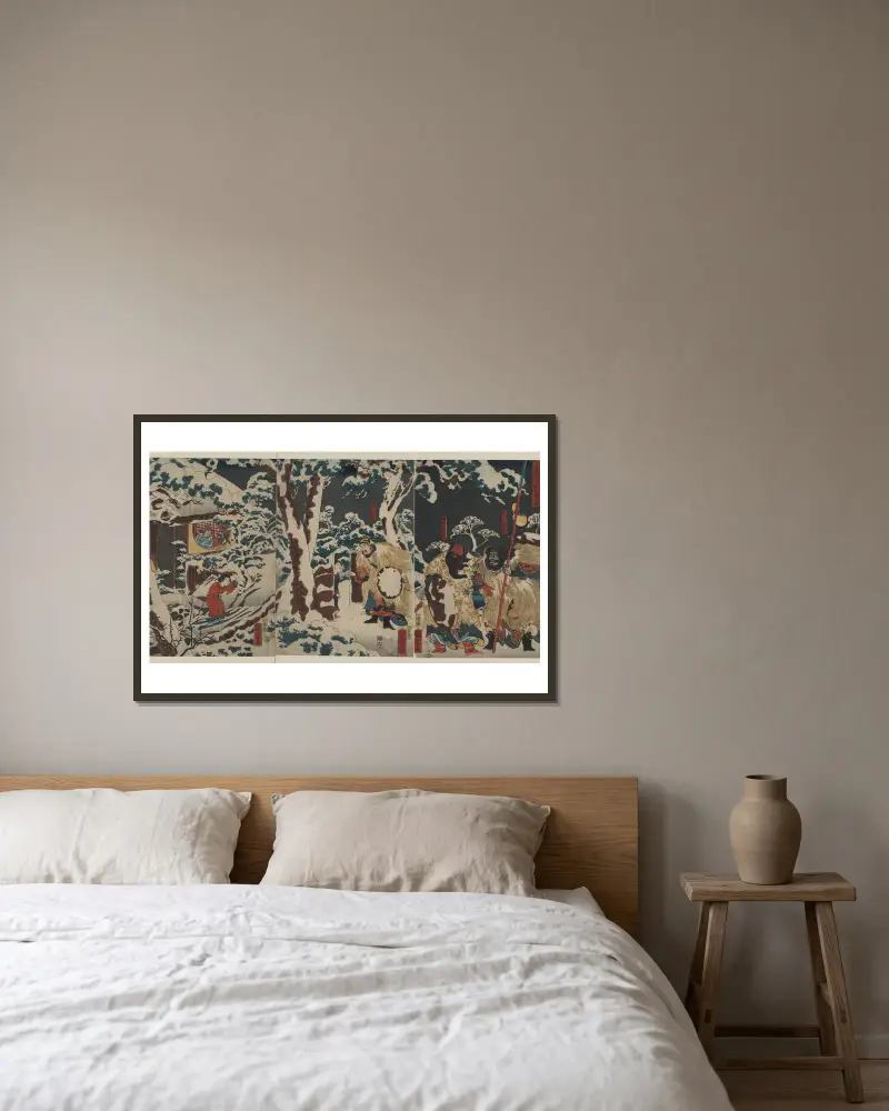 Gentoku som tre gånger besöker Zhuge Liang i snön av Utagawa Kuniyoshi inramad på en vägg