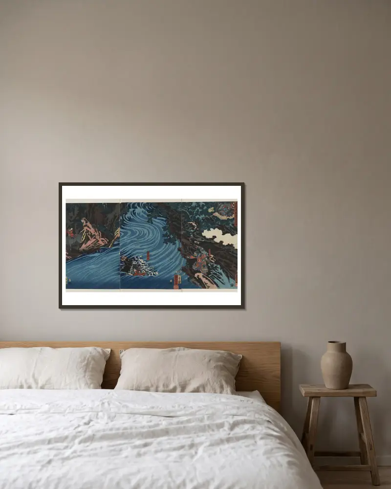 Gentoku hoppar över Tankei på sin häst av Utagawa Kuniyoshi inramad på en vägg